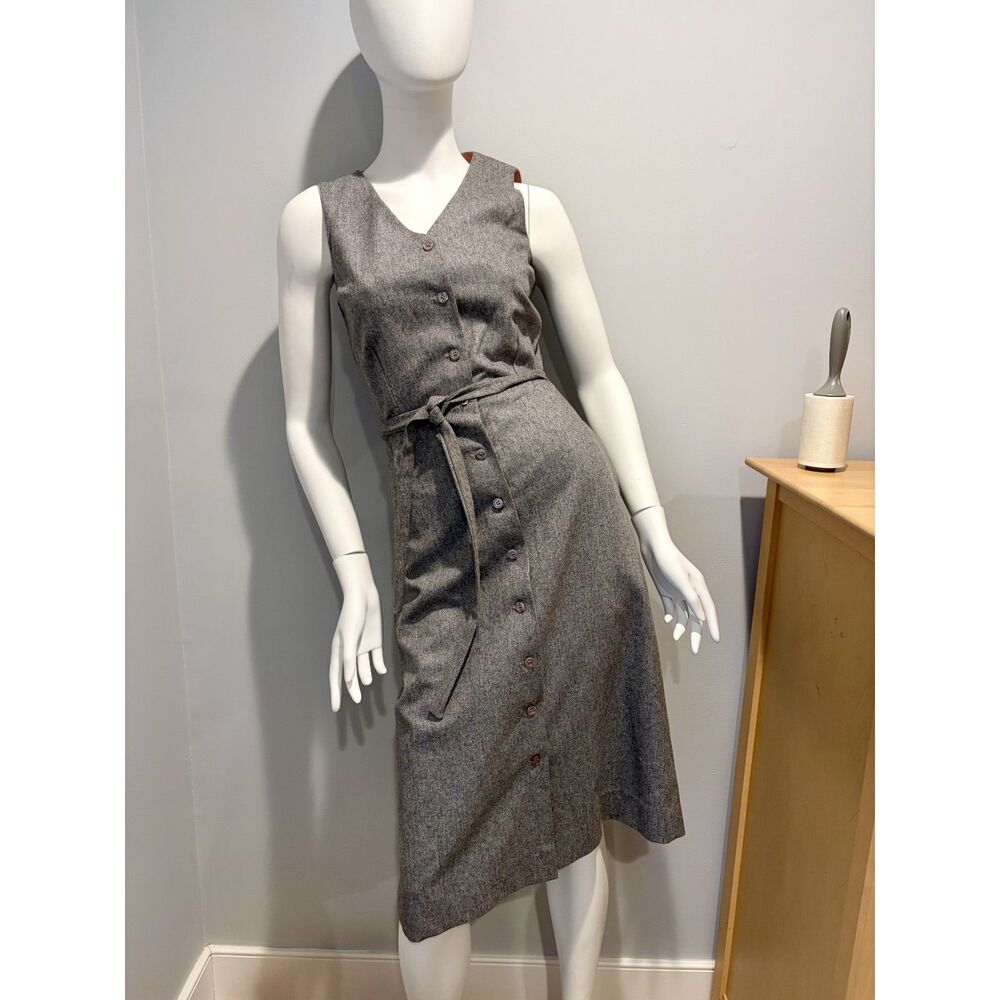 Women's Vintage Herman Geist Wool Sleeveless Button Down Belted Midi Dress